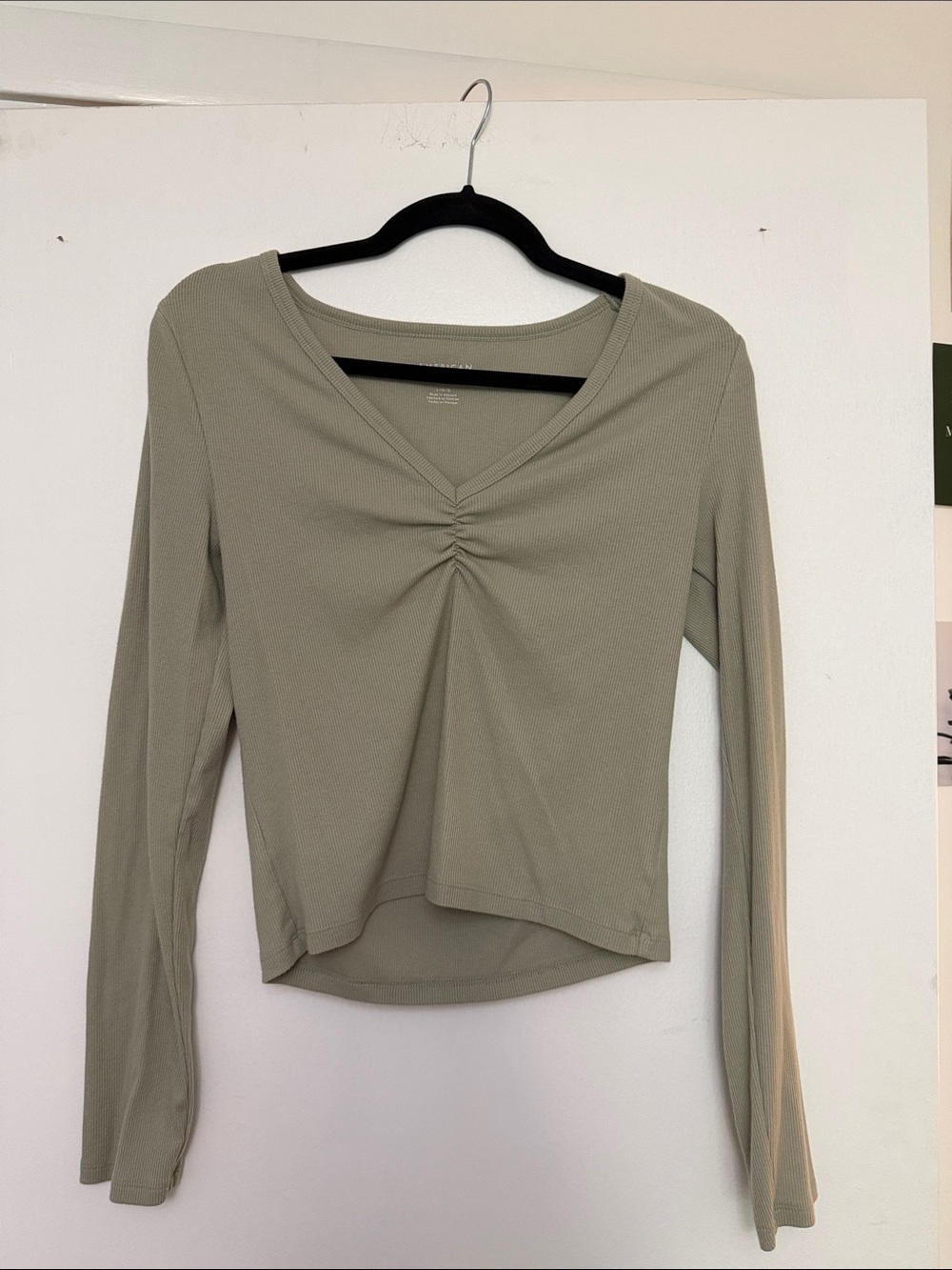 American Eagle Outfitters Olive Ruched V-Neck Long Sleeve Top
